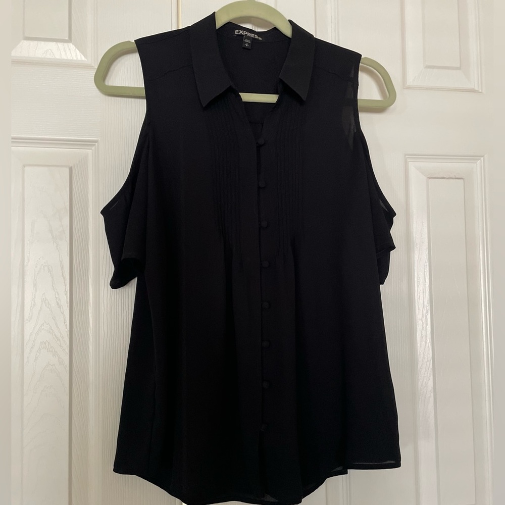 Express Black Button Down Cold Shoulder Pleated Blouse- Size S